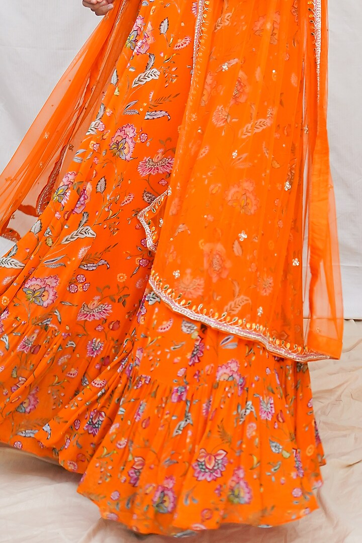 Orange Floral Printed Wedding Lehenga Set by Krupa Kapadia at Pernia's Pop Up Shop