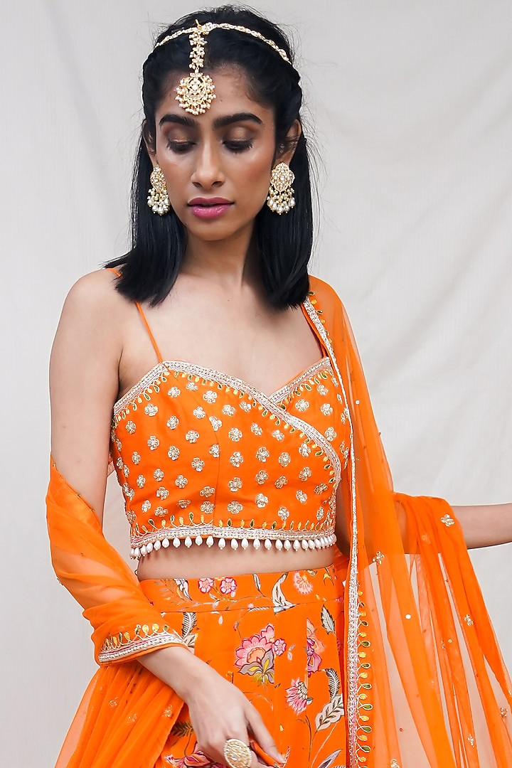 Orange Floral Printed Wedding Lehenga Set by Krupa Kapadia at Pernia's Pop Up Shop