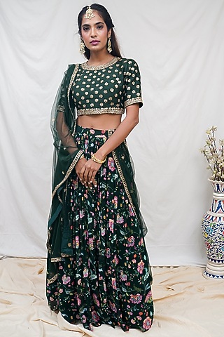 Bottle Green Printed Lehenga Set by Krupa Kapadia
