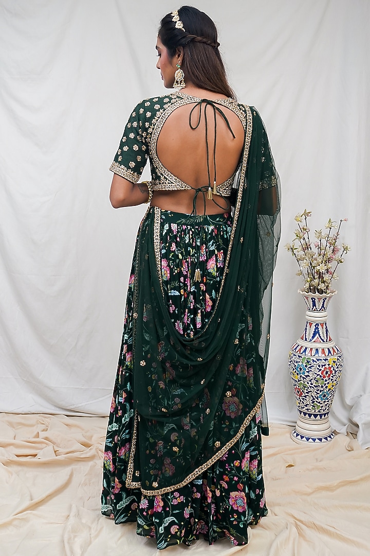 Bottle Green Printed Wedding Lehenga Set by Krupa Kapadia at Pernia's Pop Up Shop