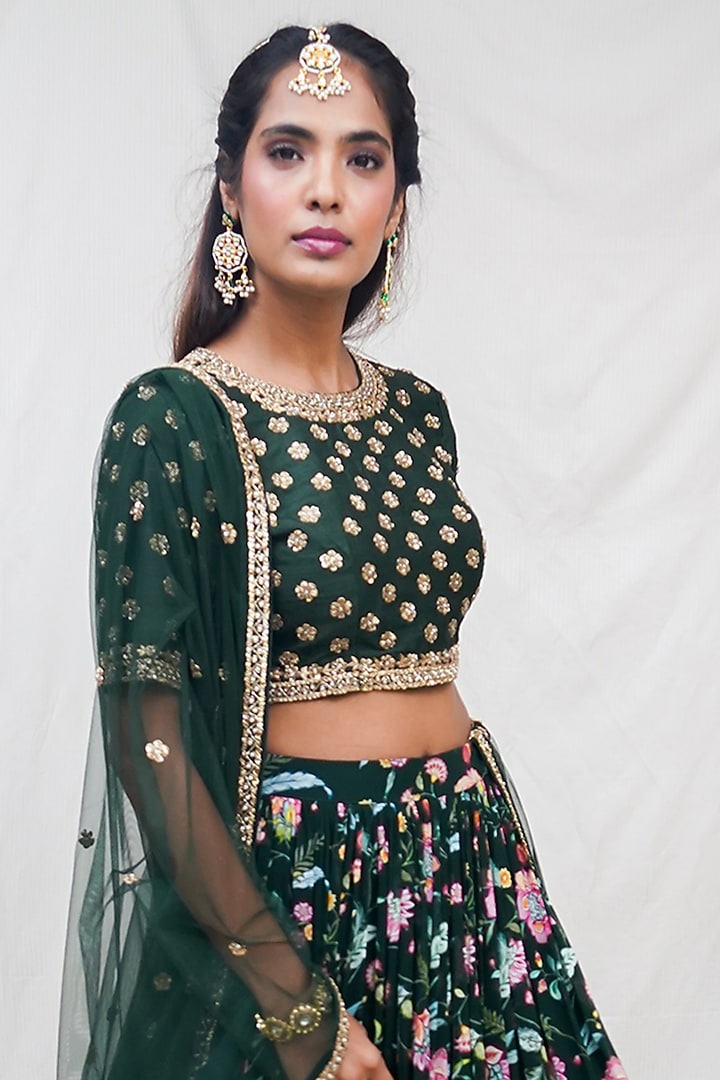 Bottle Green Printed Wedding Lehenga Set by Krupa Kapadia at Pernia's Pop Up Shop
