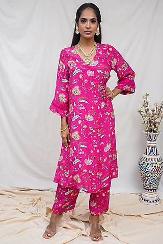 Rani Pink Floral Printed Kurta Set by Krupa Kapadia
