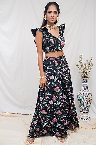 Black Floral Printed Pant Set by Krupa Kapadia
