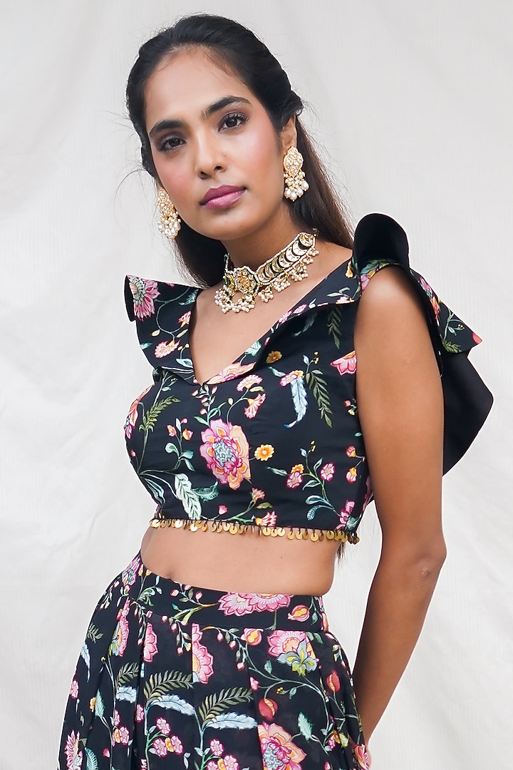 Black Floral Printed Pant Set by Krupa Kapadia at Pernia's Pop Up Shop
