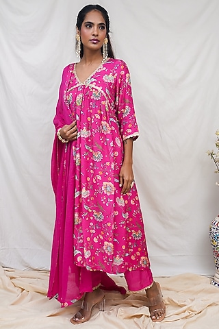 Rani Pink Printed Gathered Kurta Set by Krupa Kapadia