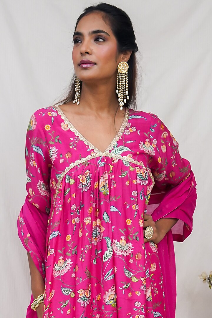 Rani Pink Printed Gathered Kurta Set by Krupa Kapadia at Pernia's Pop Up Shop