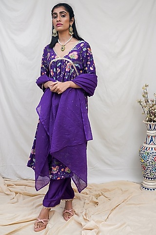 Deep Purple Printed Gathered Kurta Set by Krupa Kapadia
