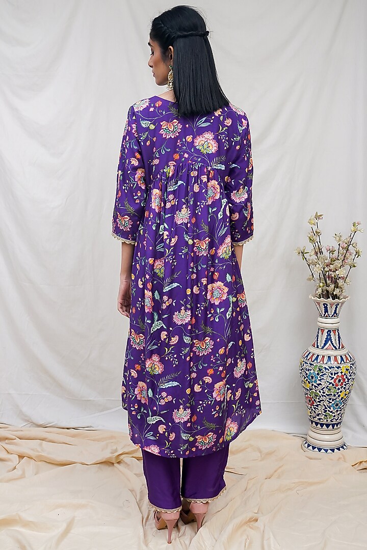 Deep Purple Printed Gathered Kurta Set by Krupa Kapadia at Pernia's Pop Up Shop