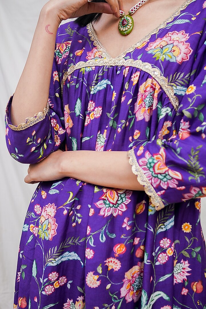 Deep Purple Printed Gathered Kurta Set by Krupa Kapadia at Pernia's Pop Up Shop