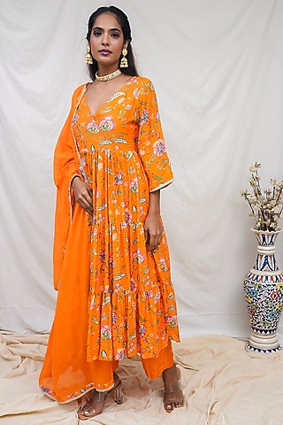 Orange Printed Gathered Kurta Set by Krupa Kapadia