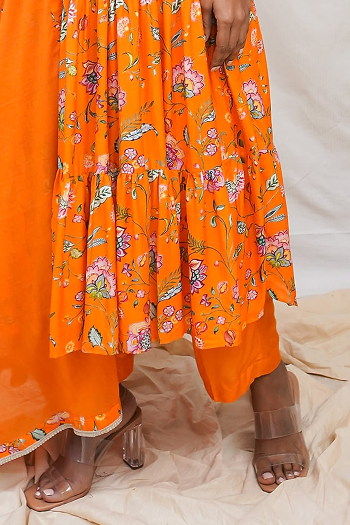 Orange Printed Gathered Kurta Set by Krupa Kapadia at Pernia's Pop Up Shop