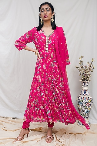 Rani Pink Printed Layered Anarkali Set by Krupa Kapadia