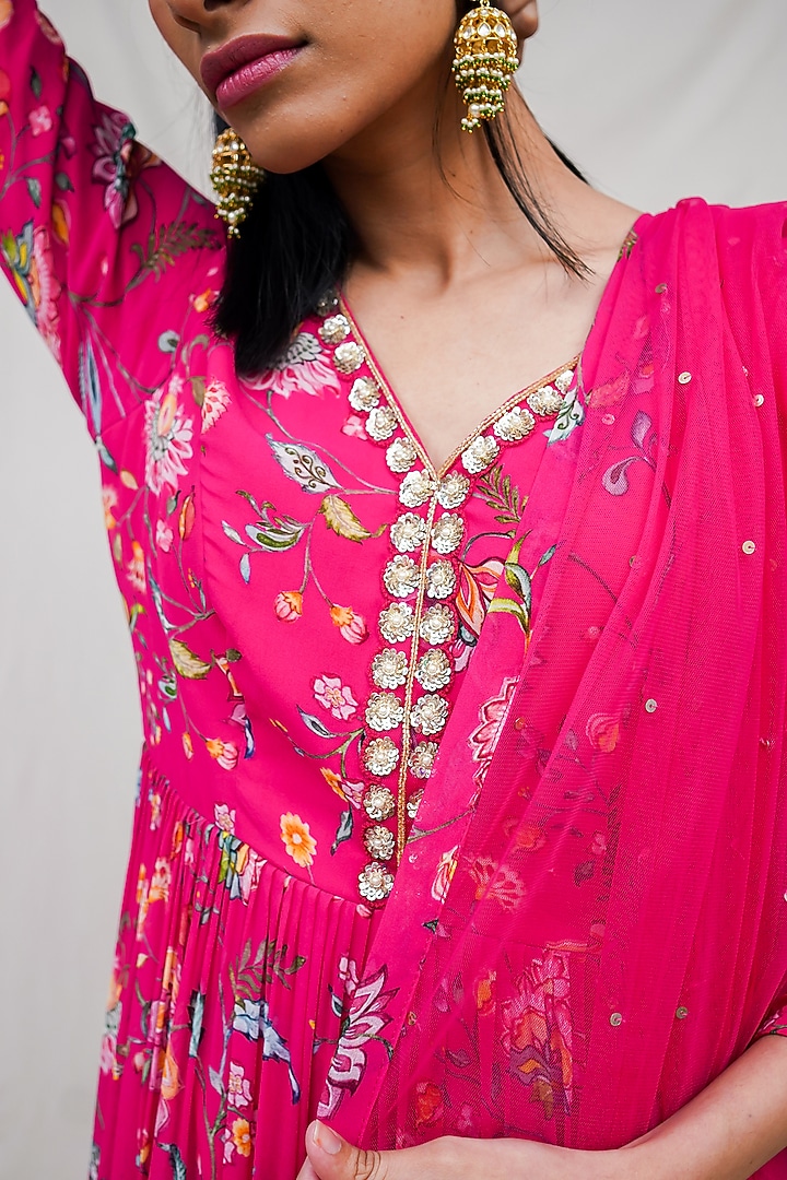 Rani Pink Printed Layered Party Wear Anarkali Set by Krupa Kapadia at Pernia's Pop Up Shop