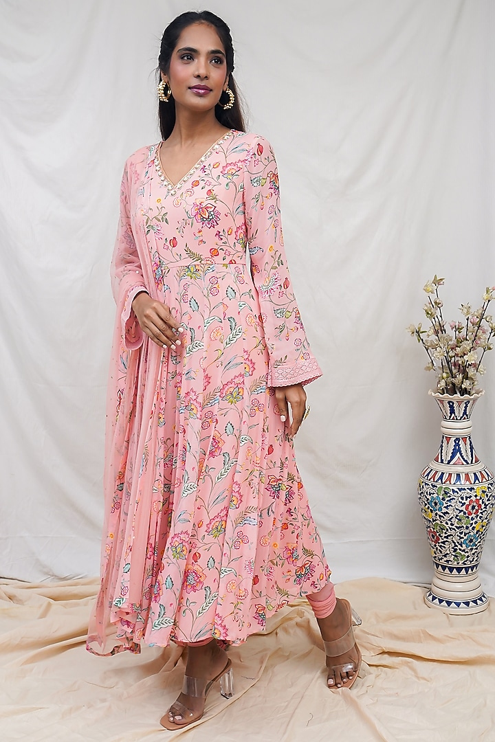 Peachy Pink Floral Printed Anarkali Set by Krupa Kapadia