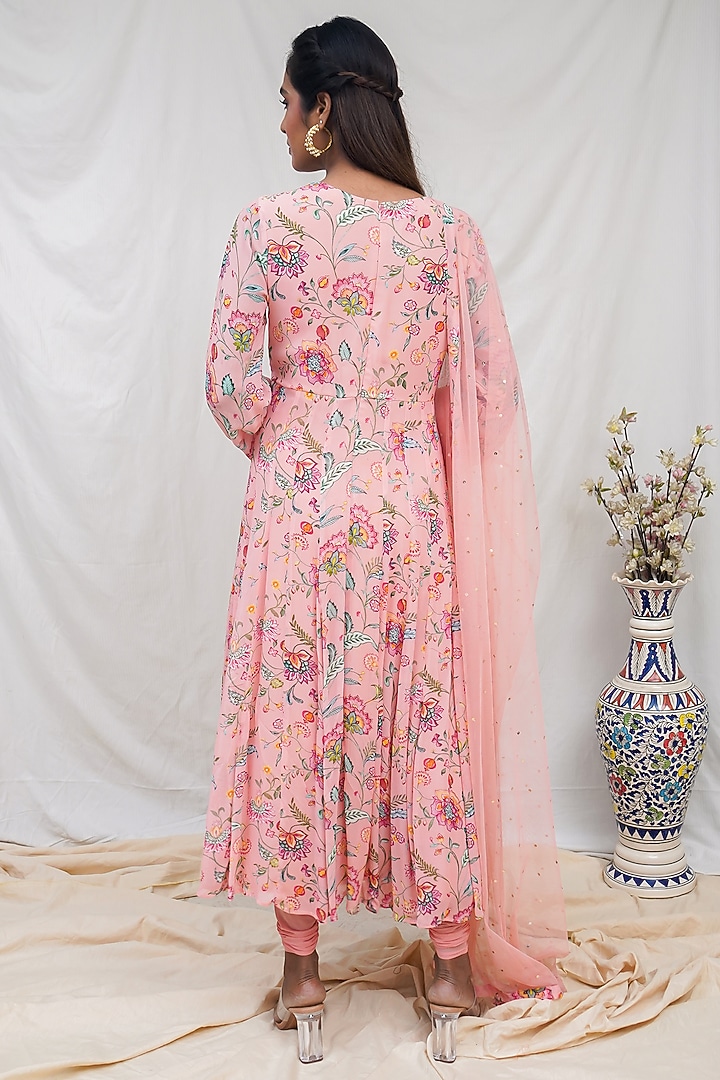 Peachy Pink Floral Printed Party Wear Anarkali Set by Krupa Kapadia at Pernia's Pop Up Shop