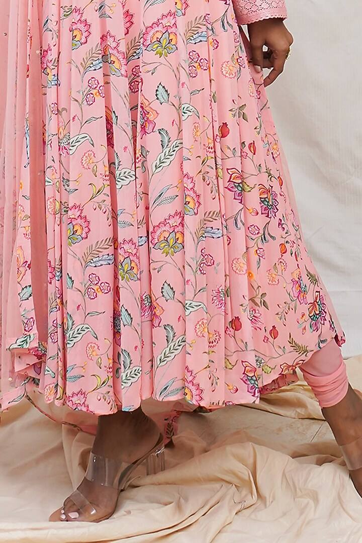Peachy Pink Floral Printed Party Wear Anarkali Set by Krupa Kapadia at Pernia's Pop Up Shop