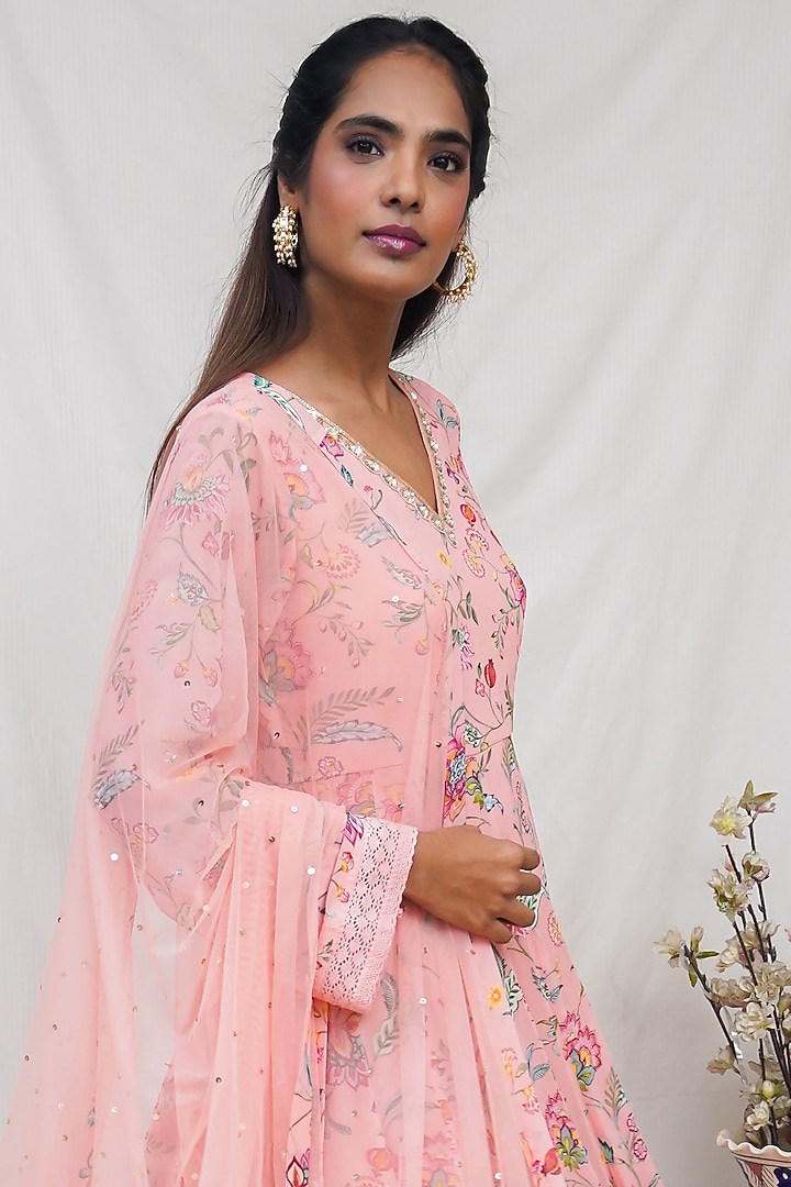 Peachy Pink Floral Printed Party Wear Anarkali Set by Krupa Kapadia at Pernia's Pop Up Shop