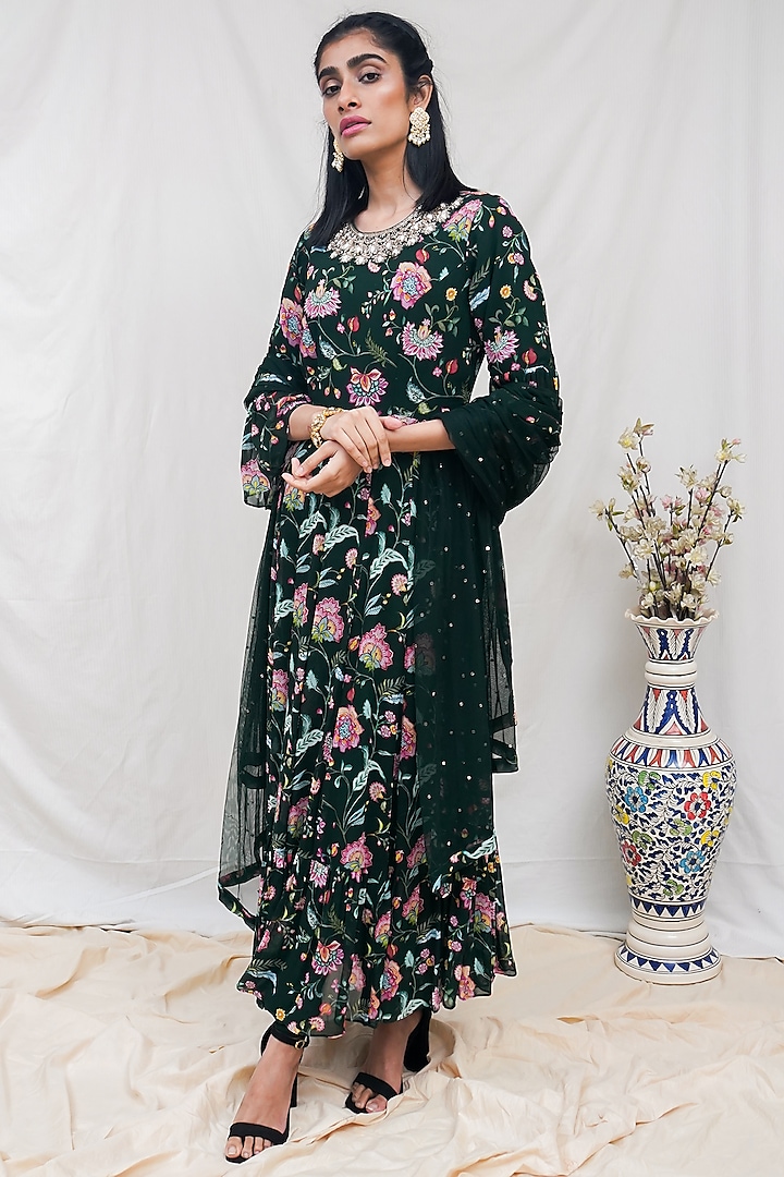 Bottle Green Floral Printed Anarkali Set by Krupa Kapadia