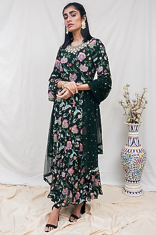 Bottle Green Floral Printed Anarkali Set by Krupa Kapadia
