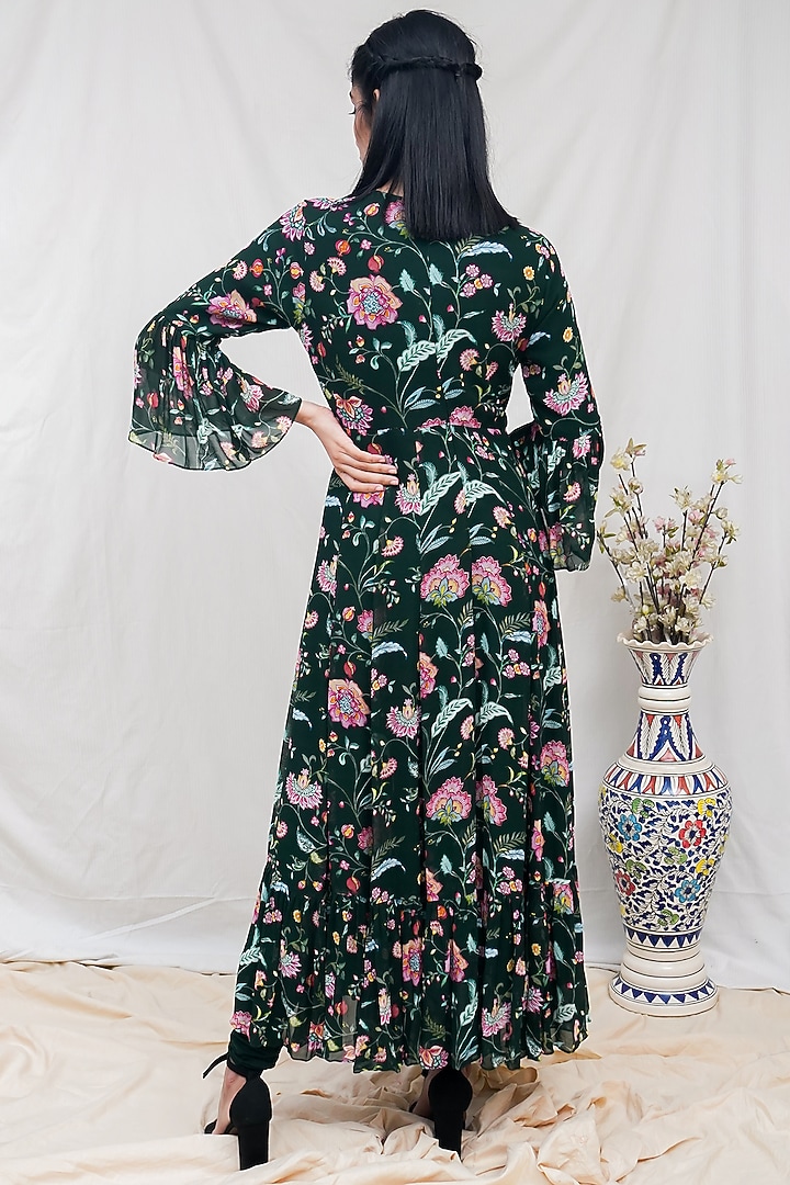 Bottle Green Floral Printed Party Wear Anarkali Set by Krupa Kapadia at Pernia's Pop Up Shop