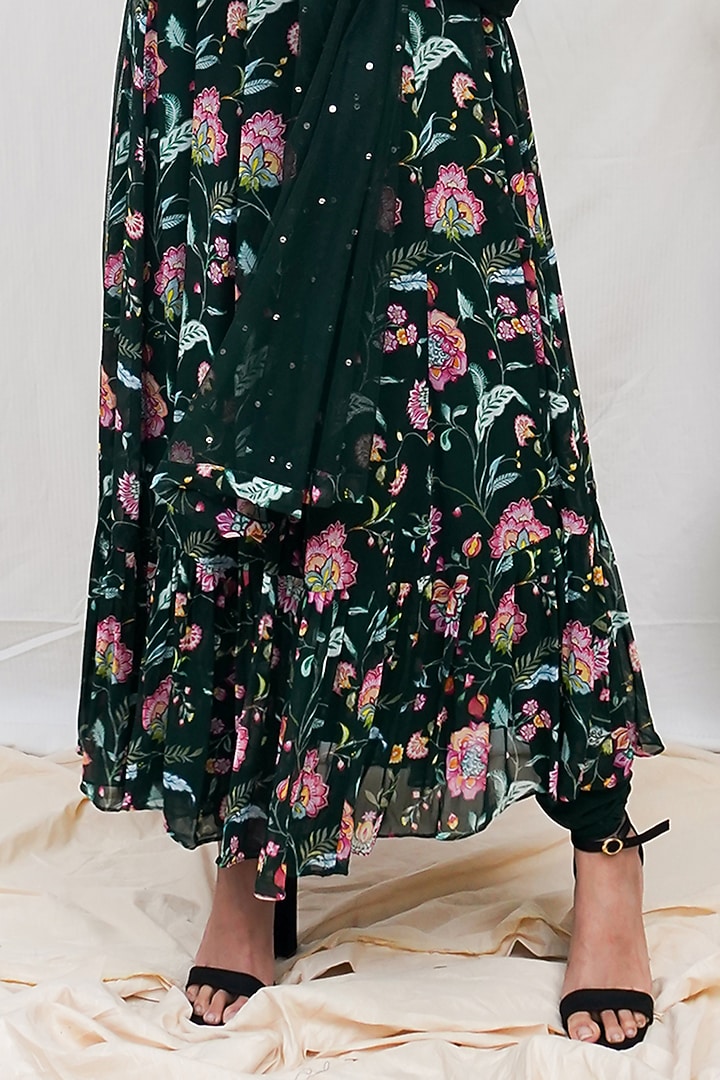 Bottle Green Floral Printed Party Wear Anarkali Set by Krupa Kapadia at Pernia's Pop Up Shop