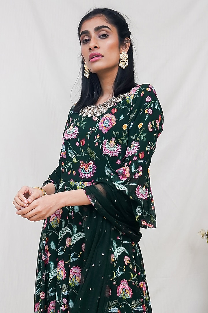 Bottle Green Floral Printed Party Wear Anarkali Set by Krupa Kapadia at Pernia's Pop Up Shop