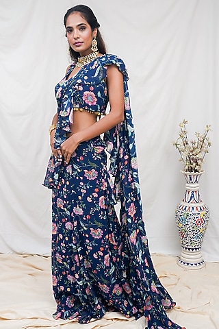 Navy Blue Printed Pre-Pleated Saree Set by Krupa Kapadia