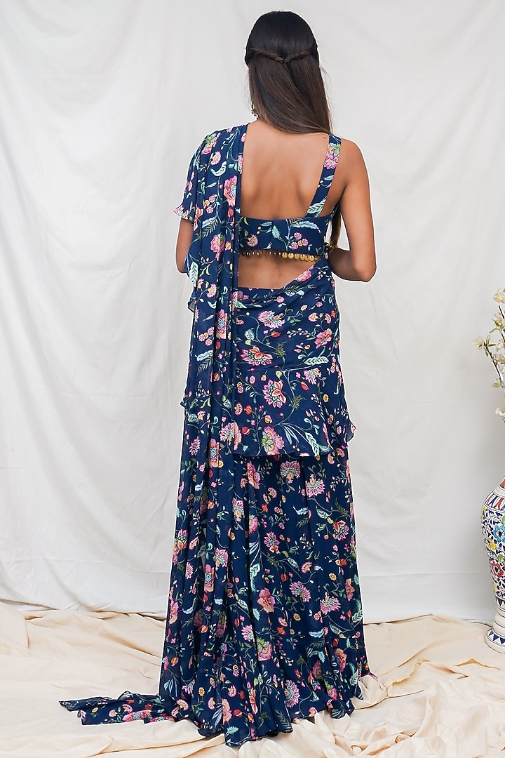 Navy Blue Printed Pre-Pleated Party Wear Saree Set by Krupa Kapadia at Pernia's Pop Up Shop