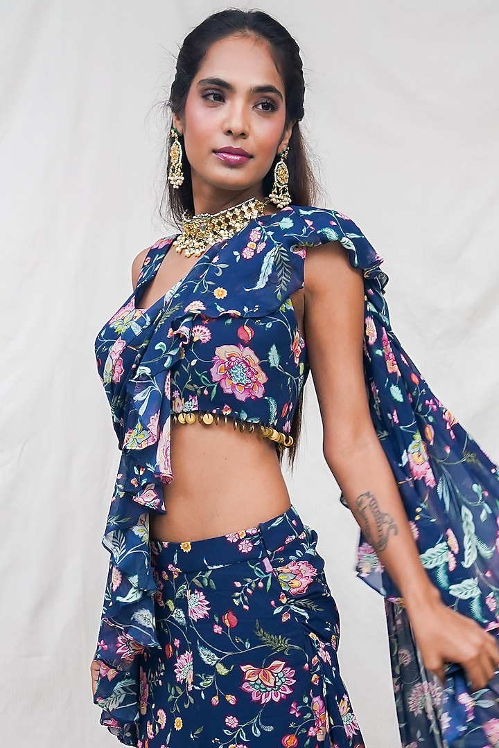 Navy Blue Printed Pre-Pleated Party Wear Saree Set by Krupa Kapadia at Pernia's Pop Up Shop