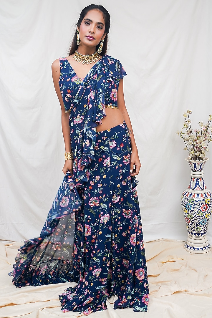Navy Blue Printed Pre-Pleated Party Wear Saree Set by Krupa Kapadia at Pernia's Pop Up Shop