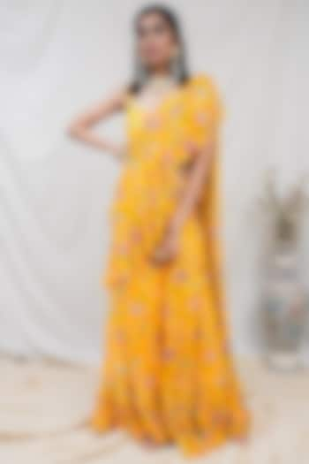 Yellow Printed Pre-Pleated Saree Set by Krupa Kapadia