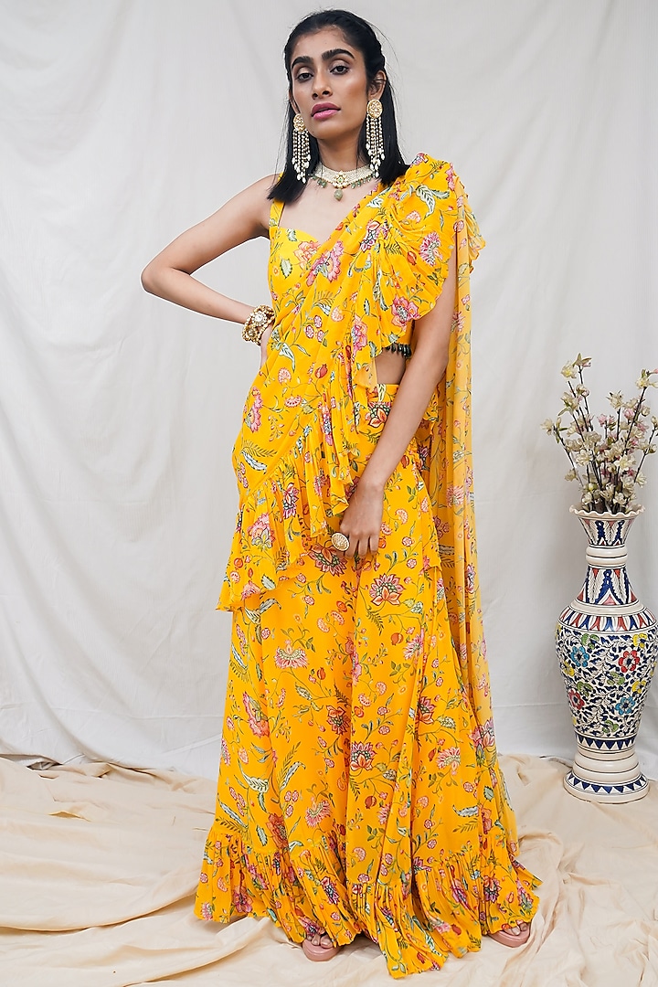 Yellow Printed Pre-Pleated Saree Set by Krupa Kapadia