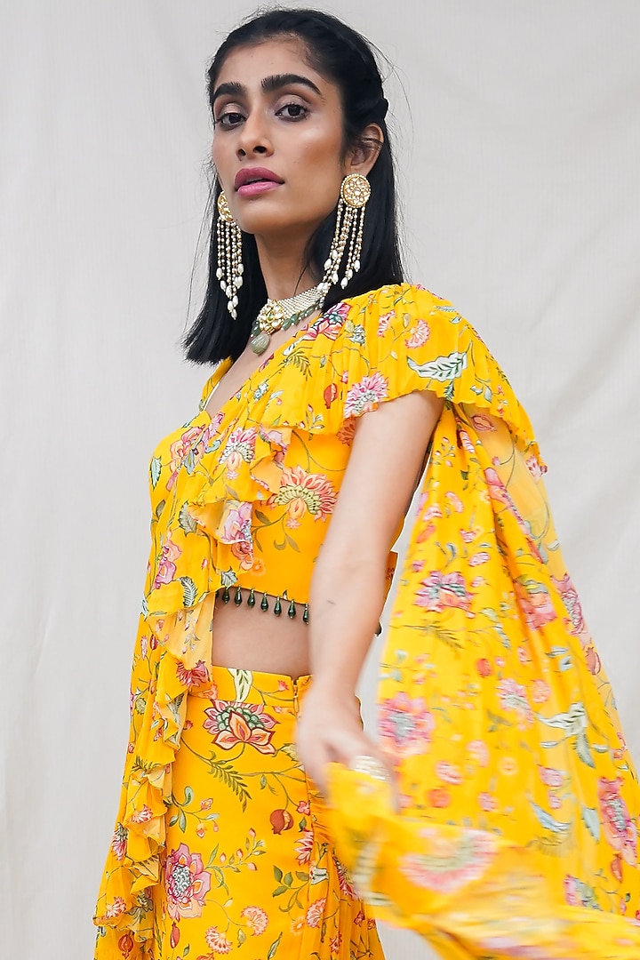 Yellow Printed Pre-Pleated Party Wear Saree Set by Krupa Kapadia at Pernia's Pop Up Shop