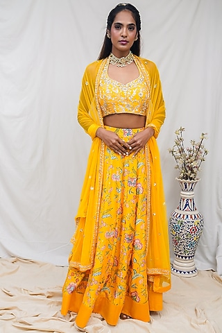 Yellow Floral Printed Lehenga Set by Krupa Kapadia