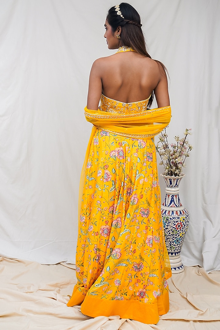 Yellow Floral Printed Wedding Lehenga Set by Krupa Kapadia at Pernia's Pop Up Shop