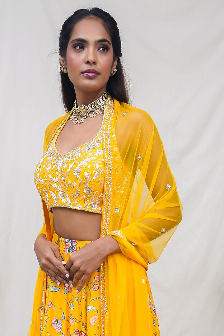 Yellow Floral Printed Wedding Lehenga Set by Krupa Kapadia at Pernia's Pop Up Shop