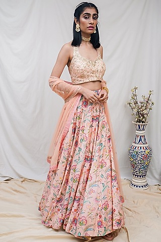 Peachy Pink Floral Printed Lehenga Set by Krupa Kapadia