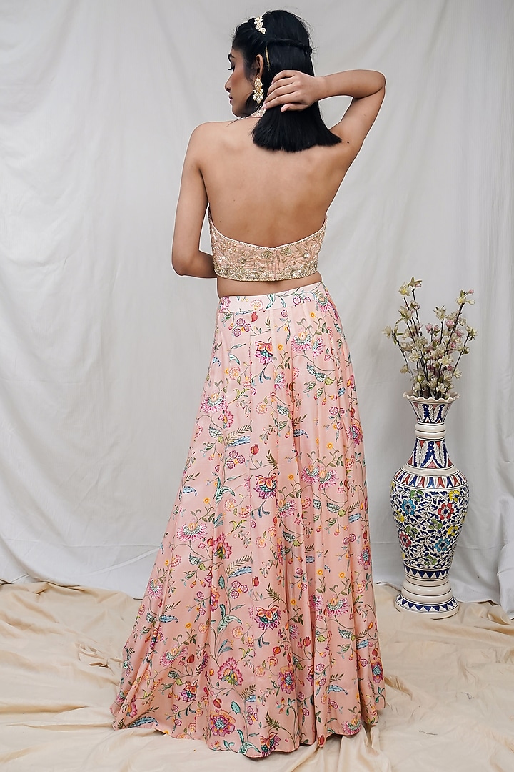 Peachy Pink Floral Printed Wedding Lehenga Set by Krupa Kapadia at Pernia's Pop Up Shop