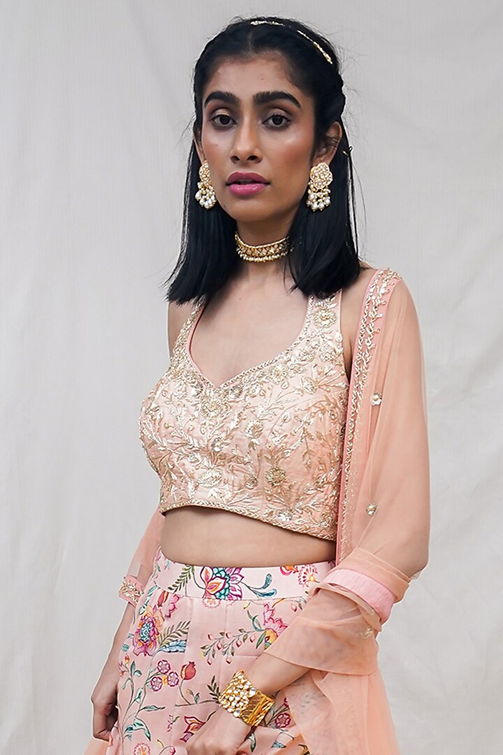 Peachy Pink Floral Printed Wedding Lehenga Set by Krupa Kapadia at Pernia's Pop Up Shop