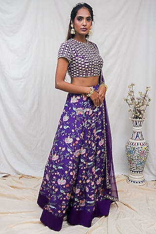Deep Purple Floral Printed Lehenga Set by Krupa Kapadia