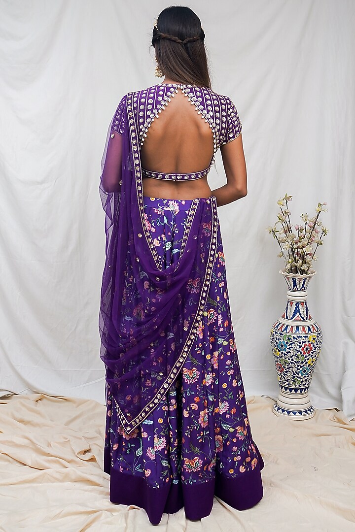 Deep Purple Floral Printed Wedding Lehenga Set by Krupa Kapadia at Pernia's Pop Up Shop