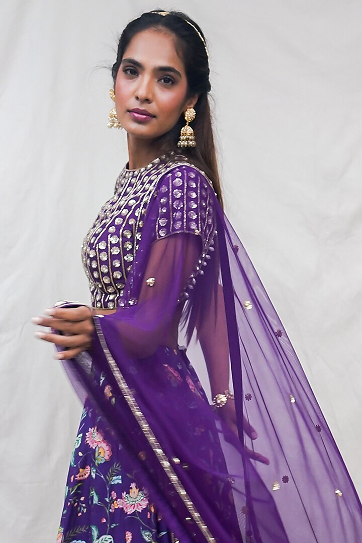 Deep Purple Floral Printed Wedding Lehenga Set by Krupa Kapadia at Pernia's Pop Up Shop