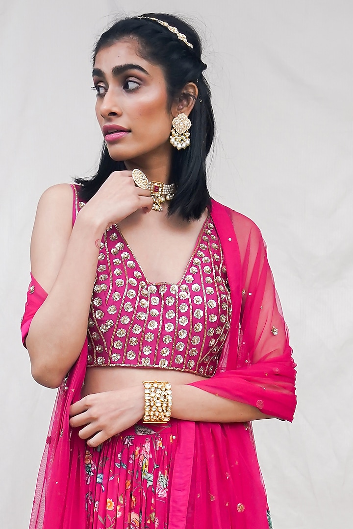 Rani Pink Floral Printed Wedding Lehenga Set by Krupa Kapadia at Pernia's Pop Up Shop