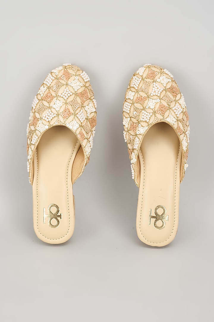 Brown & White Silk Sequins Embroidered Mules by Kkarma Accessories at Pernia's Pop Up Shop
