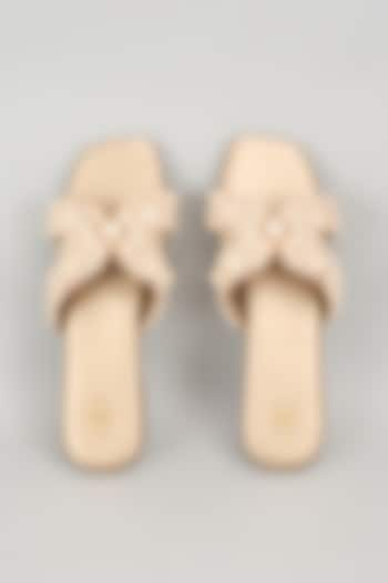 Light Gold Silk & Wood Pearl Embroidered Flats by Kkarma Accessories at Pernia's Pop Up Shop