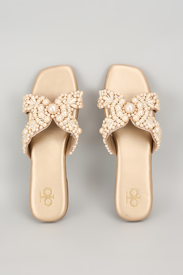 Light Gold Silk & Wood Pearl Embroidered Flats by Kkarma Accessories at Pernia's Pop Up Shop