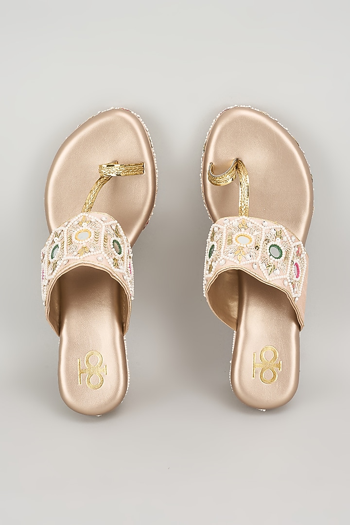 Rose Gold Silk & Wood Pearl Embroidered Kolhapuri Heels by Kkarma Accessories at Pernia's Pop Up Shop