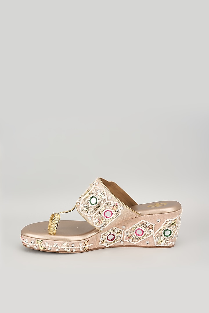 Rose Gold Silk & Wood Pearl Embroidered Kolhapuri Heels by Kkarma Accessories at Pernia's Pop Up Shop