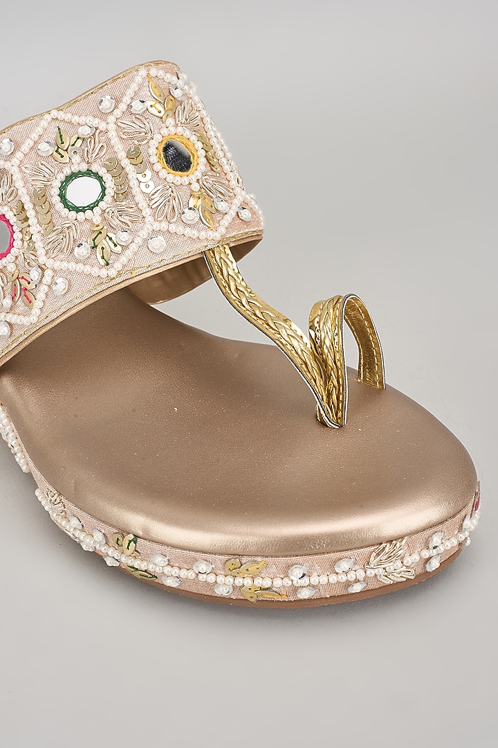 Rose Gold Silk & Wood Pearl Embroidered Kolhapuri Heels by Kkarma Accessories at Pernia's Pop Up Shop