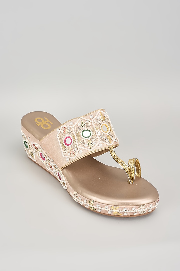 Rose Gold Silk & Wood Pearl Embroidered Kolhapuri Heels by Kkarma Accessories at Pernia's Pop Up Shop